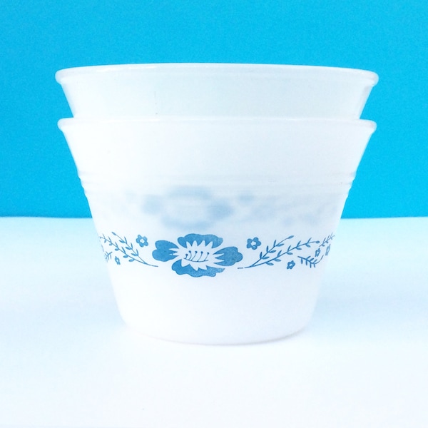 Milk glass custard cups, set of 2, blue floral pattern, Termocrisa, Made in Mexico, classic mid century kitchenware