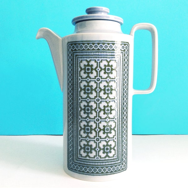 Vintage Hornsea Tapestry coffee pot, pale blue and olive green, 1970s coffee pot, made in England, Hornsea pottery, cross stitch gift