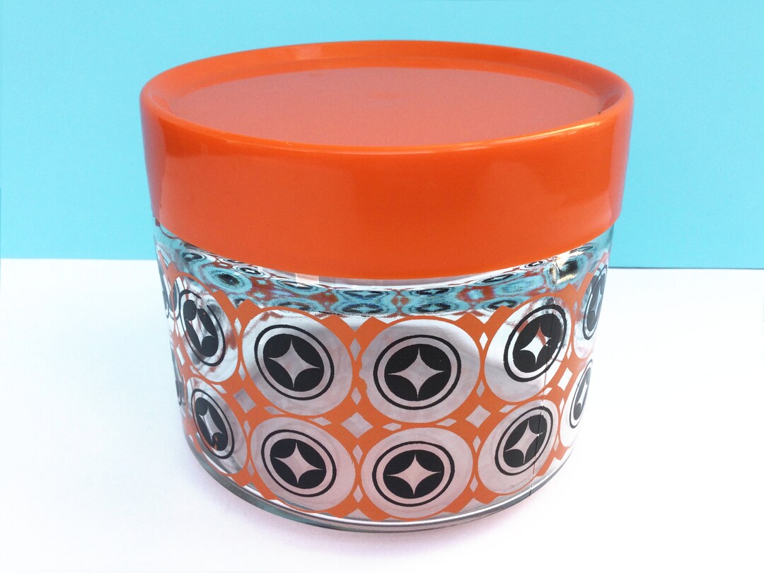 Glass Storage Jar With Lid, Brown and Orange Geometric Design, 1970s