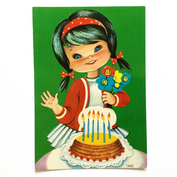 Kitsch birthday card, cute girl and birthday cake, 1960s unused postcards, big eye art, Printed in Spain