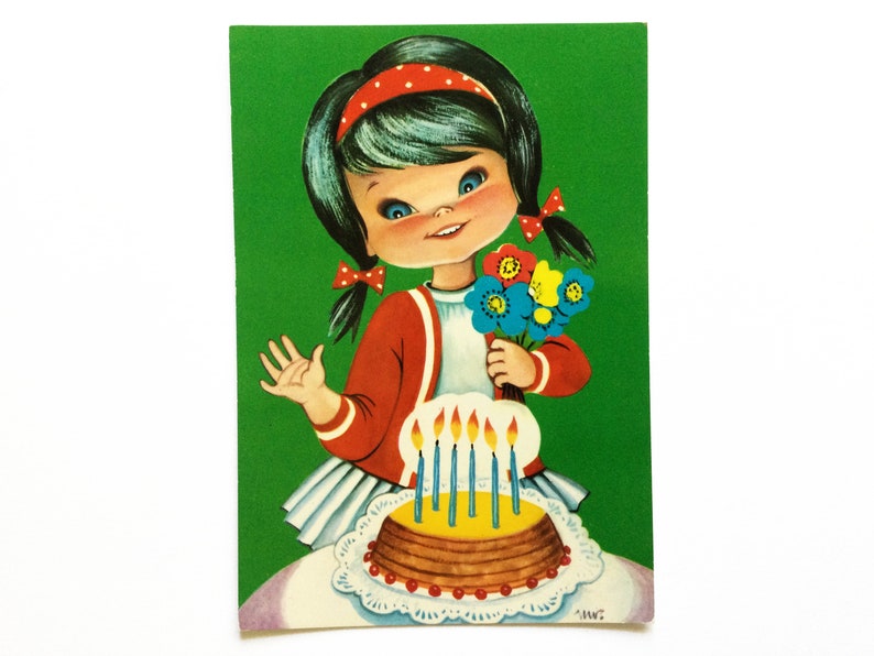 Carte d'anniversaire kitsch, jolie fille et gâteau d'anniversaire, cartes postales inutilisées des années 1960, grand art des yeux, imprimé en Espagne image 1