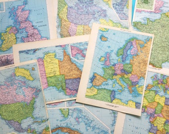 Mapas del mundo vintage, páginas de atlas coloridas de 1966, 8 páginas de doble cara, efímera histórica, arte de pared de viajes, mapas de Europa, mapas de América