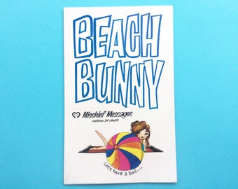 Bloc de notas de cartas vintage, Beach Bunny - divertidos dibujos animados con temas de playa, Mensajes de travesuras, 19 hojas, papelería de los años 70, regalo de playa