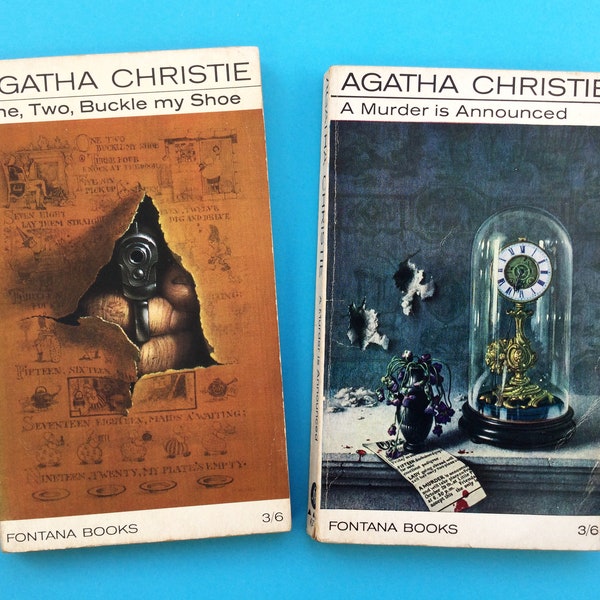 Agatha Christie book - A Murder is Announced or One, Two, Buckle My Shoe - 1960s Fontana, Poirot book, Miss Marple book, Tom Adams covers