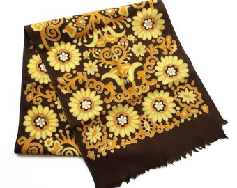 Vintage scarf with flower power pattern in yellow, orange and brown, neck scarf, girlfriend gift