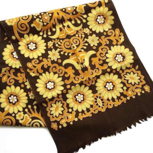 Vintage scarf with flower power pattern in yellow, orange and brown, neck scarf, girlfriend gift