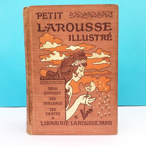 Antique French dictionary, Illustrated Petit Larousse, 1913 hardback encyclopedia, Claude Augé, 1600 pages, art deco cover