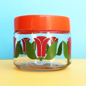 Glass storage jar, vintage canister, Red Flowers, Orange Lid, 70s Design, Retro Kitchen, Housewarming Gift, Storage Ideas, Red Kitchen Decor