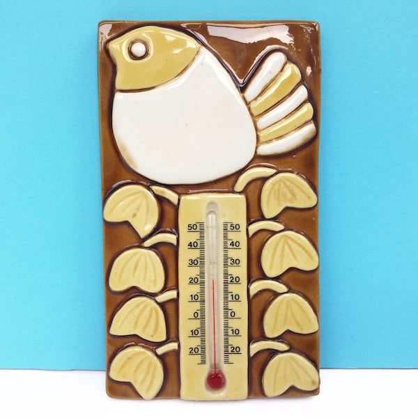 Thermomètre décoratif en céramique, oiseau et fleurs, Mithé Espelt, design français des années 60, déco vintage, cadeau de pendaison de crémaillère