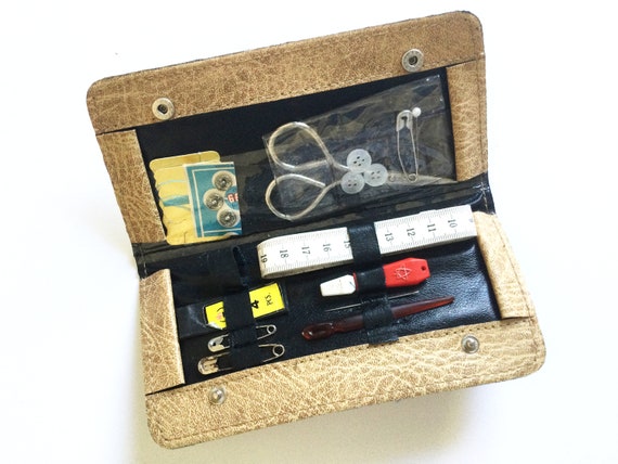 Vintage Sewing Kit with Scissors, Thread, Buttons, etc | Beige Case, Travel Accessories, Sewing Gift