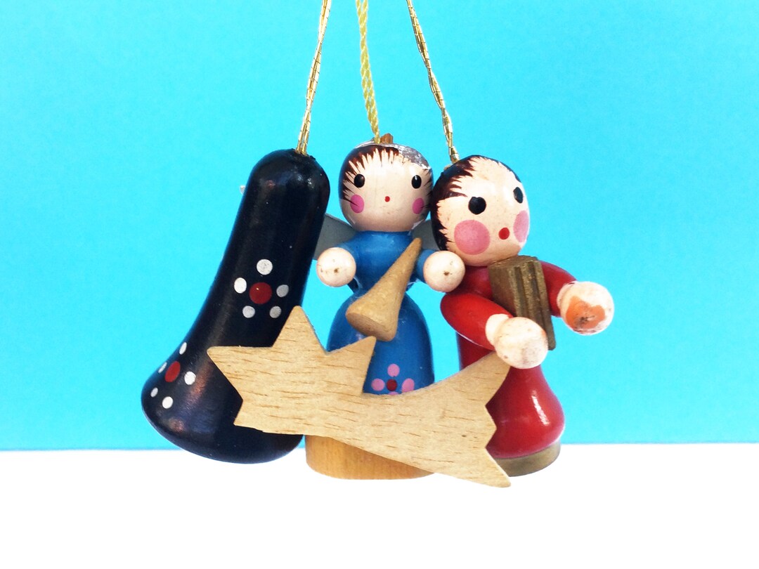 Wood Christmas Tree Ornaments, Set of 3, Angels and Santa, 2 High