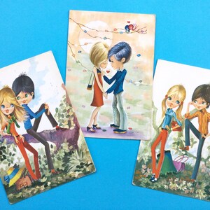 Big eye art postcards, Valentines cards, cute couples, in the forest, 60s kitsch collectible, Beni postcard