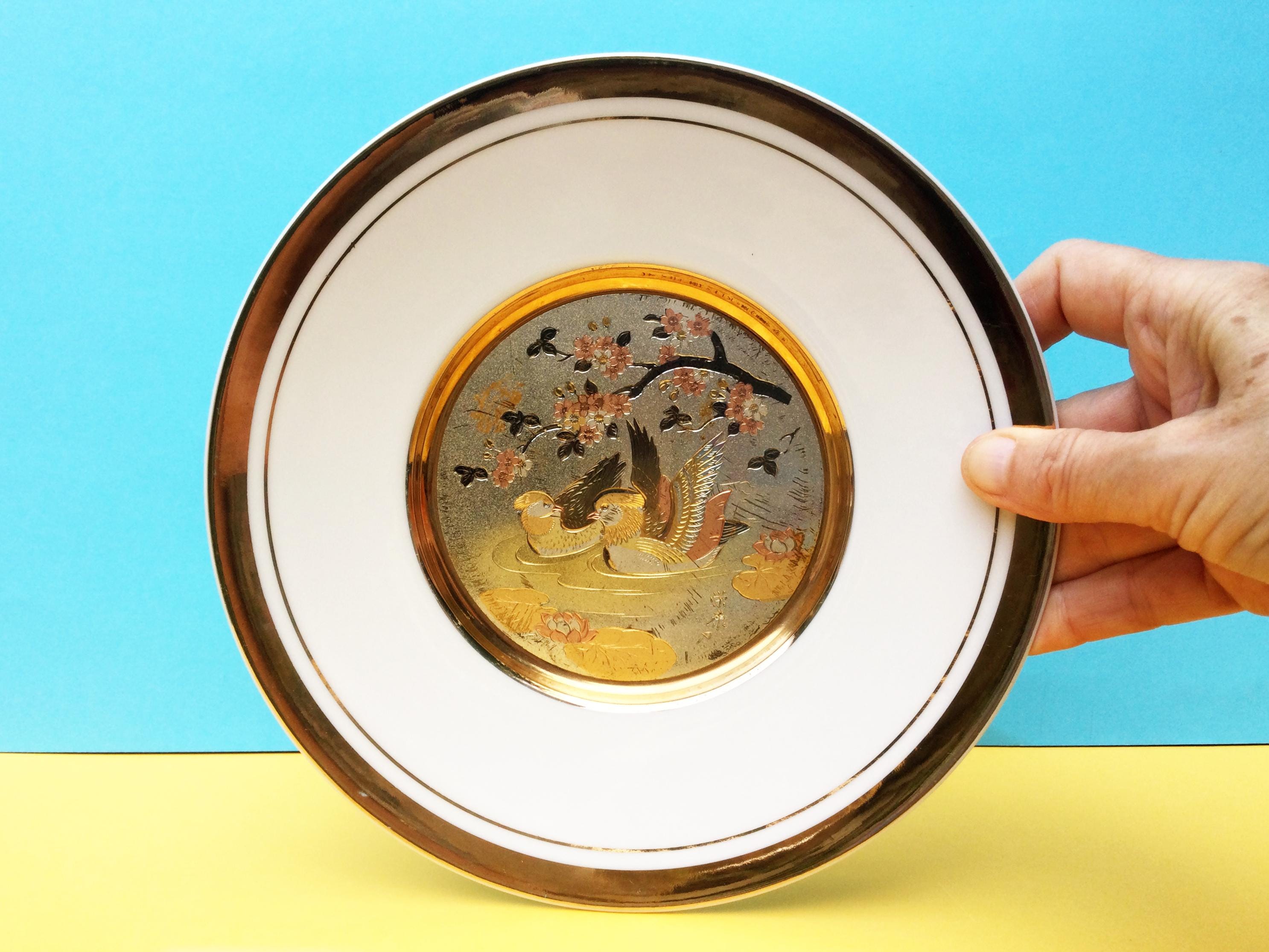 Japanese Chokin Art Plate: Ducks and Cherry Blossoms, 24K Gold