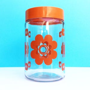 Glass Storage Jar with Orange Flowers and Lid, Flower Power, Pop Daisies, Vintage Kitchen, 70s Design, Mother&#39;s Day Gift, Housewarming Gift