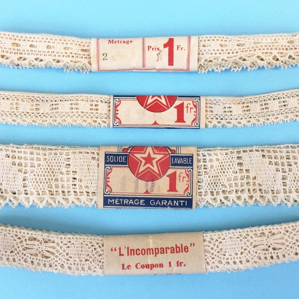 Vintage French lace ribbon, ivory colour, 1 metre (1.1 yards) each, new old stock, choice of 4, 1940s coupon reclamé