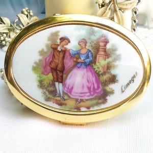 Vintage Limoges Fragonard Powder Compact, Porcelain Lid & Gold Tone Case, Original Sifter, Handbag Mirror, Pocket Mirror, Made in France