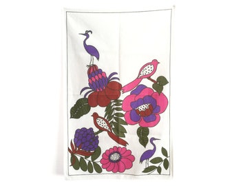 Vintage theedoek, wandkleed met vogels en bloemen, roze en paars, katoenen keukendoek, Moederdagcadeau, keukenwanddecor