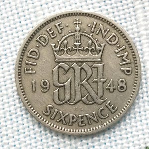 1948 Sixpence, George VI coin, Lucky Coin Gift, British Coin Collectible, 1948 Birthday Gift, Grandparent Gift