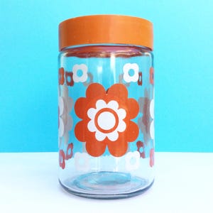 Vintage Storage Canister, White and Orange Flowers, Matching Lid, Glass Storage Jar, Orange Kitchen, 70s Design, Housewarming Gift