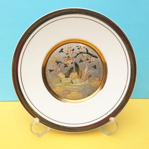 Japanese Chokin Art plate, ducks and cherry blossom, silver and gold tones, 24K gold edge, engraved metal, Simco Artware, Made in Japan