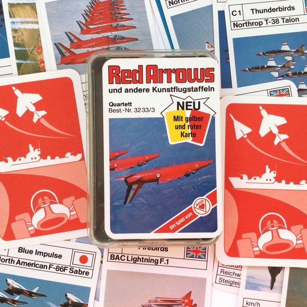 Red arrows playing cards, Top Trumps, Air Force display teams, complete in box, Ace Trump cards, vintage 70s photos