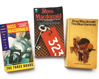 Vintage detective books by Ross MxcDonald - The 3 Roads, The Wycherly Woman, The Blue Hammer, crime fiction