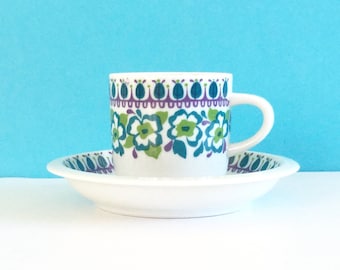 Espresso cup and saucer, Spal porcelain, blue flowers and leaves design, vintage coffee cup, made in Portugal