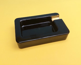 Vintage black glass ashtray, pen holder, trinket dish, desk accessory, black and gold home decor, decorative ashtray, smokers gift