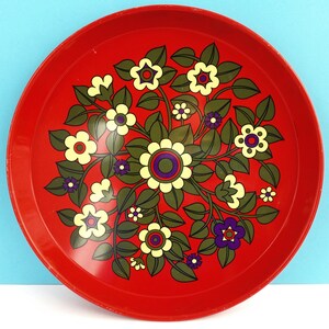 Vintage tin tray, red flower power design, Worcester Ware, made in England, 1960s collectible