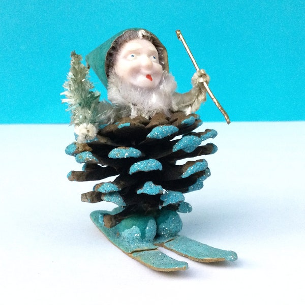 Vintage pine cone elf ornament, 1950s Japan skiing elf, Christmas decoration, blue holiday decor, Christmas gift