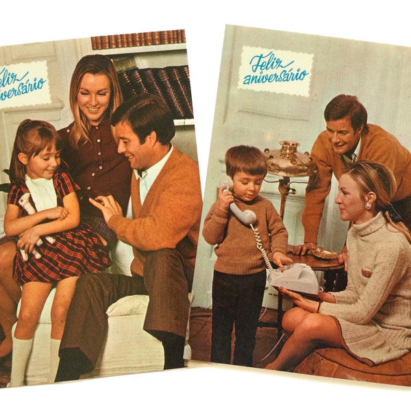 cartes postales kitsch vintage, cartes de joyeux anniversaire inutilisées, maison du milieu du siècle, scène de famille, cartes-cadeaux amusantes