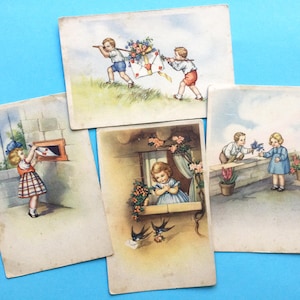Cartes postales anciennes, lot de 4, inutilisées, illustrations anciennes, enfants mignons, envoi de lettres, cartes postales italiennes, carnet de bords, fournitures pour scrapbooking