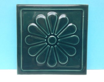 Teal blue ceramic tile, daisy flower in relief, decorative tile for home decor, 1960s tile from Ceres Portugal