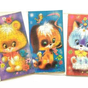 Carte puzzle animali, cane carino, orso o gatto, illustrazioni vintage, puzzle per bambini, biglietto di compleanno kitsch, biglietto di auguri cane, biglietto orso