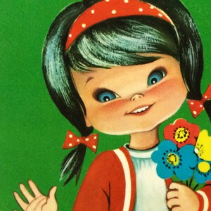 Carte d'anniversaire kitsch, jolie fille et gâteau d'anniversaire, cartes postales inutilisées des années 1960, grand art des yeux, imprimé en Espagne image 2