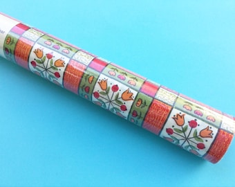 Vintage Shelf Paper Roll, Cute Flowers & Squares, Orange and Green, Drawer Liner, Gift Wrap, Decorative Paper for Crafts, Kitchen Decor