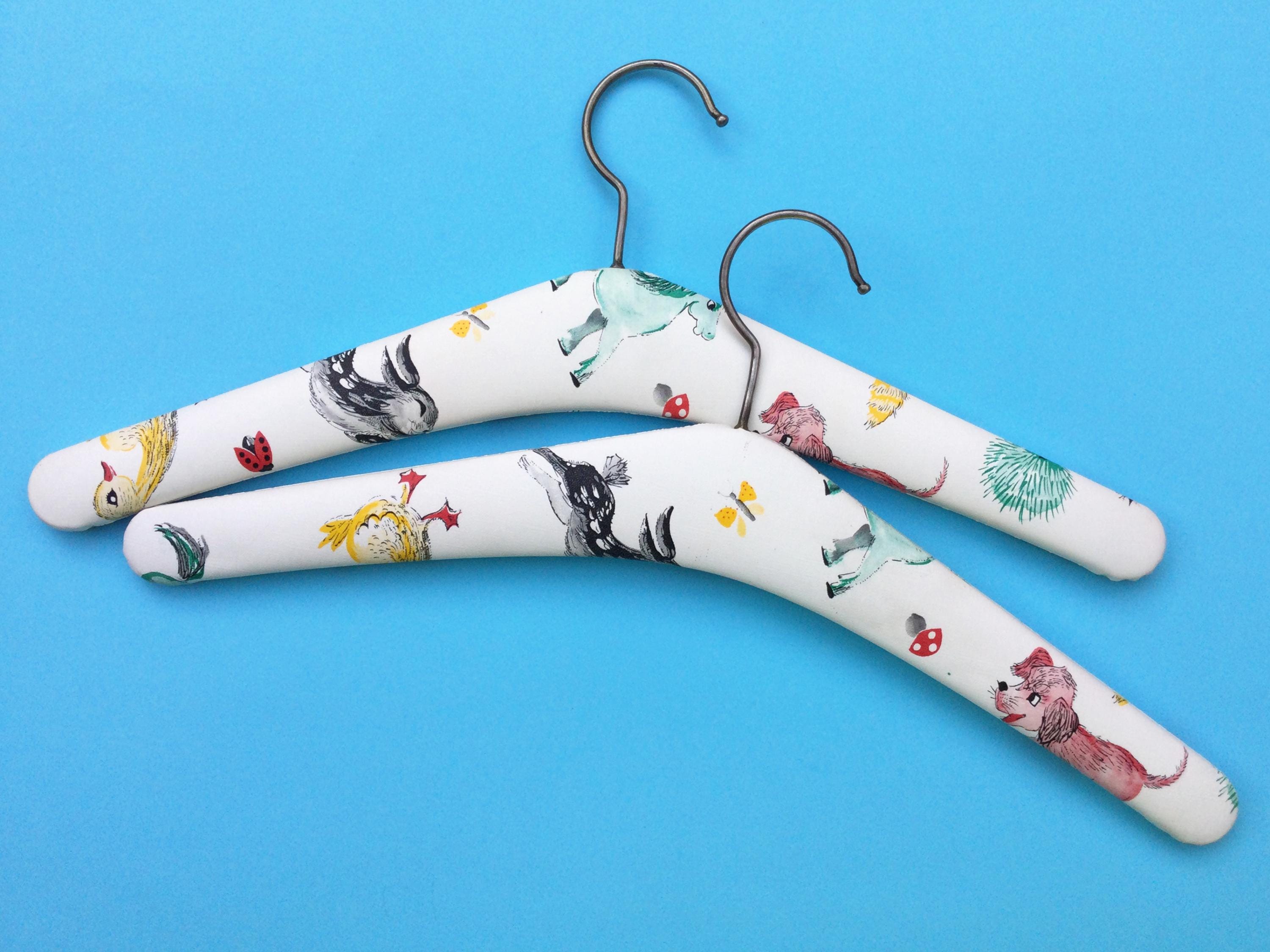 RESERVED - Vintage clothes hangers, cute animal illustrations, set of 2, mid century coat hangers, vinyl cloth hangers, kids coat hangers