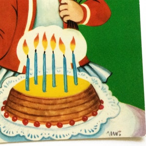 Carte d'anniversaire kitsch, jolie fille et gâteau d'anniversaire, cartes postales inutilisées des années 1960, grand art des yeux, imprimé en Espagne image 3