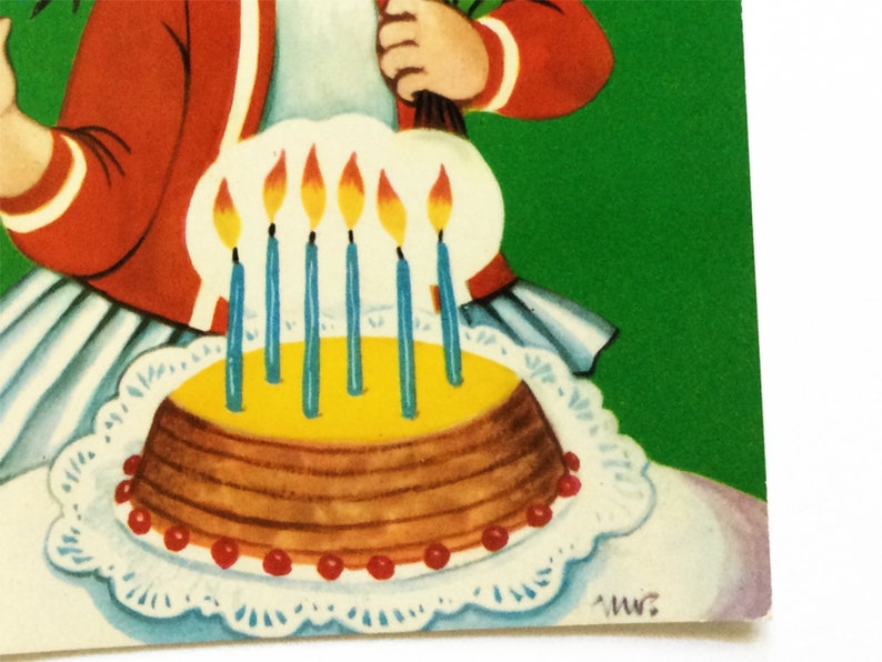 Carte d'anniversaire kitsch, jolie fille et gâteau d'anniversaire, cartes postales inutilisées des années 1960, grand art des yeux, imprimé en Espagne image 3