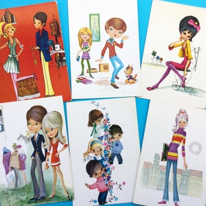 Kitsch Postkarten Set, ungebraucht, Big Eye Art, Musik spielen, groovige Outfits, an der Rennstrecke, 1960er Kitsch, Vintage Postkarten