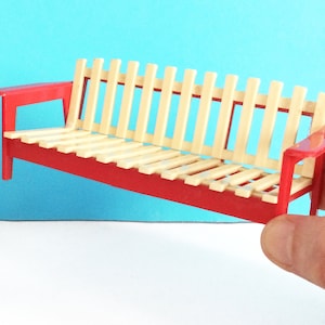 Vintage dollhouse garden seat, 1970s plastic miniature bench, red and beige, 1:12 scale, Hogarín de Modisa, Made in Spain