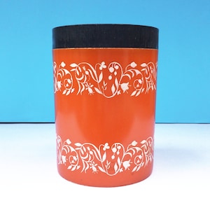 Vintage Plastic Storage jar, Orange Pot with White Floral Pattern, Black Lid, Made in Portugal, Hard Plastic Storage Canister, Orange Decor