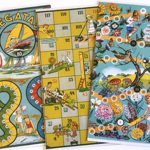 Cartões de jogo de cobras e escadas com temas de jardim, praia ou atividades externas, decoração de quarto infantil, ilustrações de Cesar Abbott