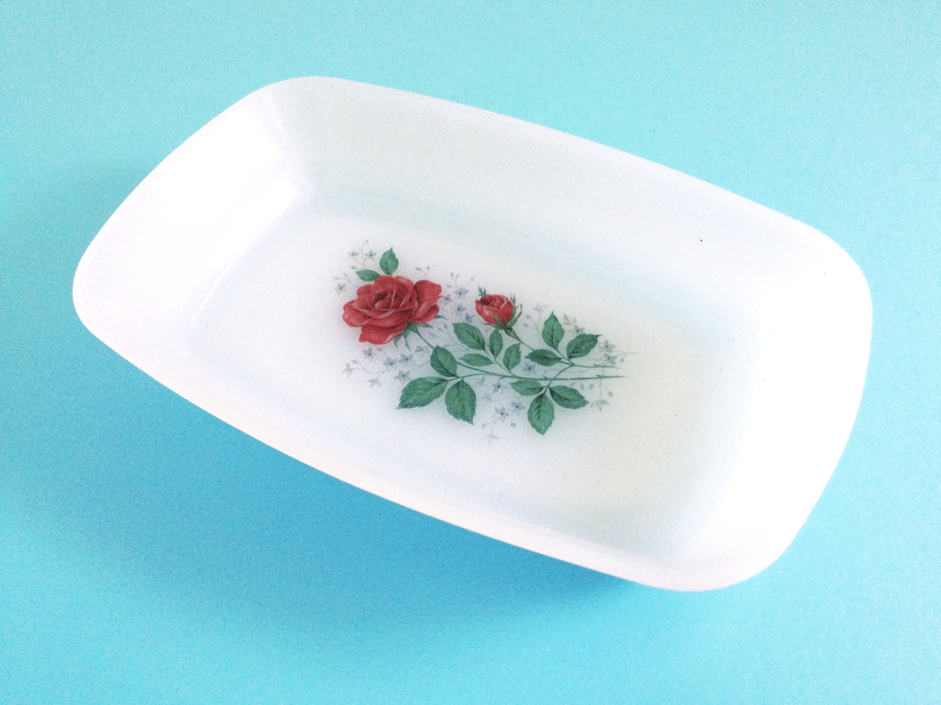 Milk glass butter dish from Arcopal France, red rose pattern, rustic kitchen, housewarming gift