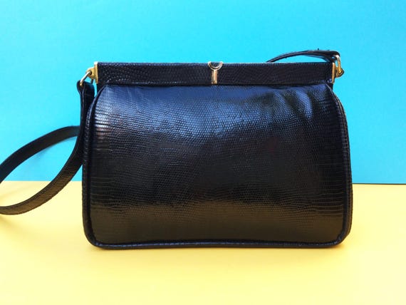 Vintage Black Lizard Leather Handbag: Mid-century Shoulder Bag - Etsy