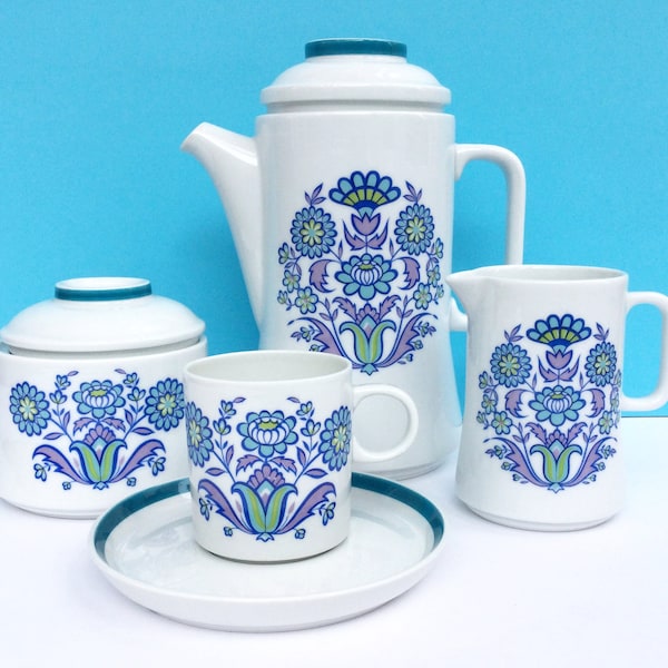 Coffee set with coffee pot, milk jug, sugar bowl and espresso cup, blue flowers, Spal porcelain, housewarming gift