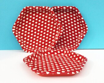 Small tin trays from Elite Trays, red and white hearts, bottle coaster, jewellery dish, made in England, Metal Tray Manufacturing Company