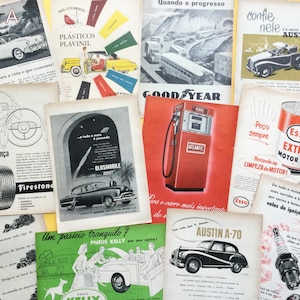 Anúncios de revistas vintage, anúncios de carros antigos, gráficos e cores fabulosos dos anos 1950, itens efêmeros de meados do século, conjunto de 12 para decoupage, colagem, enquadramento