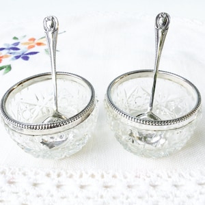 Antique Sterling Silver Crystal Salt Cellars with Spoons: Edwardian Tableware