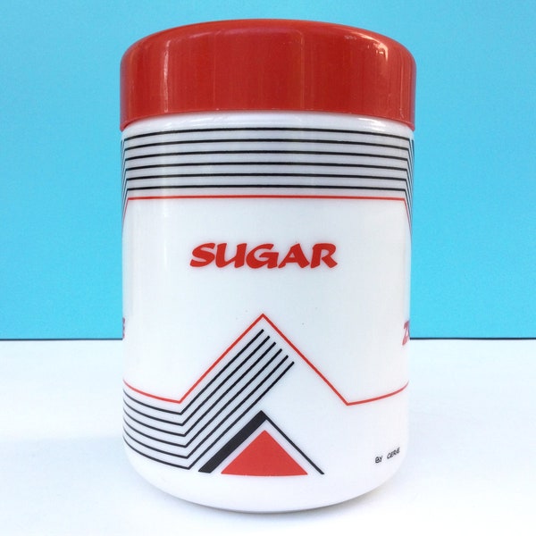 Vintage sugar jar,  80s graphics, red and black on white milk glass, Cerve Italy, kitchen storage, house warming gift